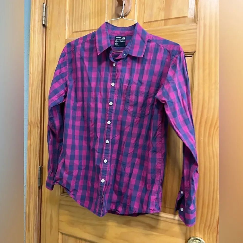 American Eagle purple and navy button down shirt